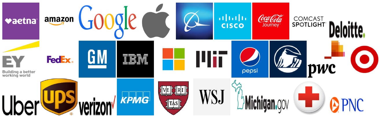 aetna-amazon-google-apple-boeing-cisco-cocacola-comcast-deloitte-ey-fedex-gm-ibm-uber-microsoft-mit-pepsi-prudential-pwc-target-ups-verizon-kpmg-harvard-wsj-redcross-pnc