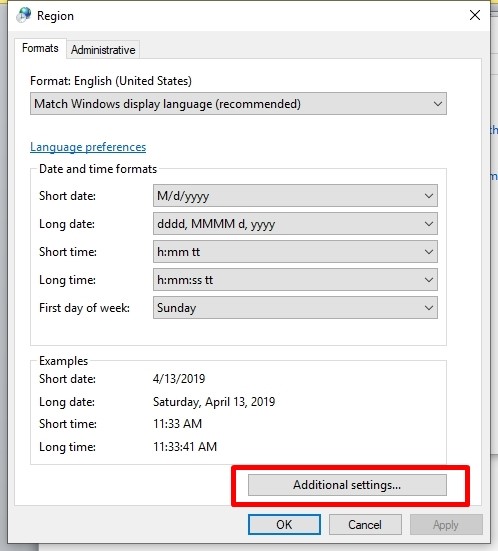 OS windows region change addtional settings