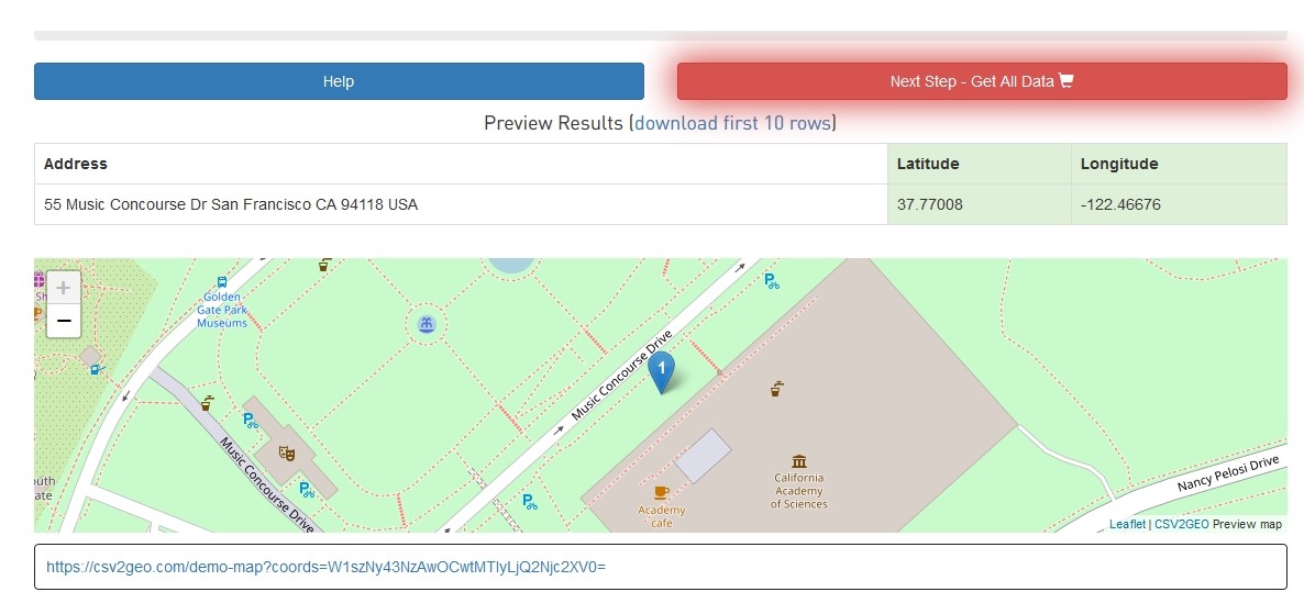 Provide user first ten geocoded records for preview