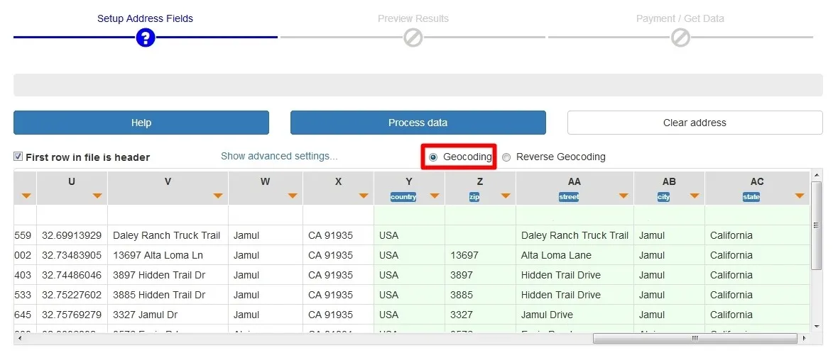 display geocoding entry grid data