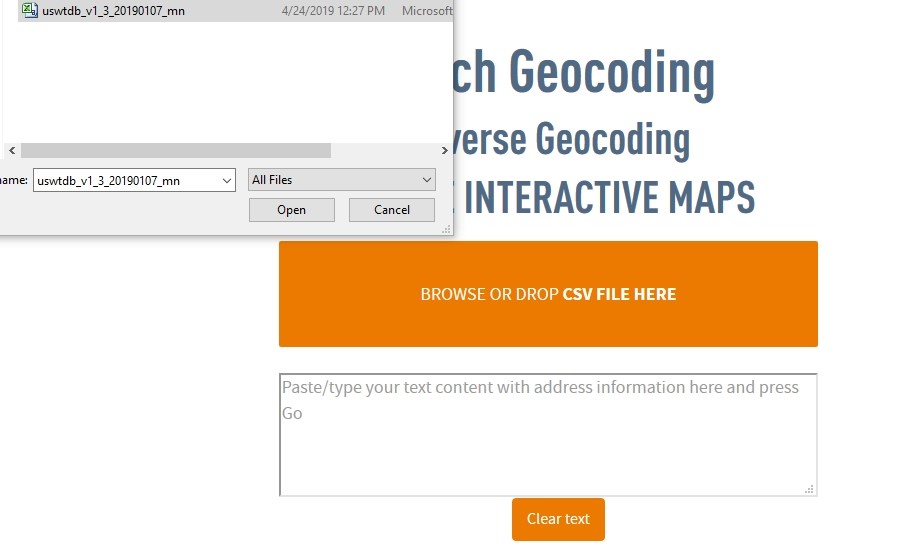 load csv file for geocoding with csv2geo.com