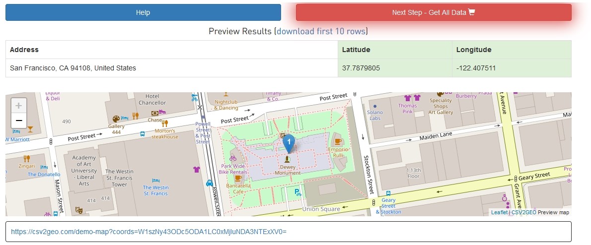 Preview first ten geocoded results