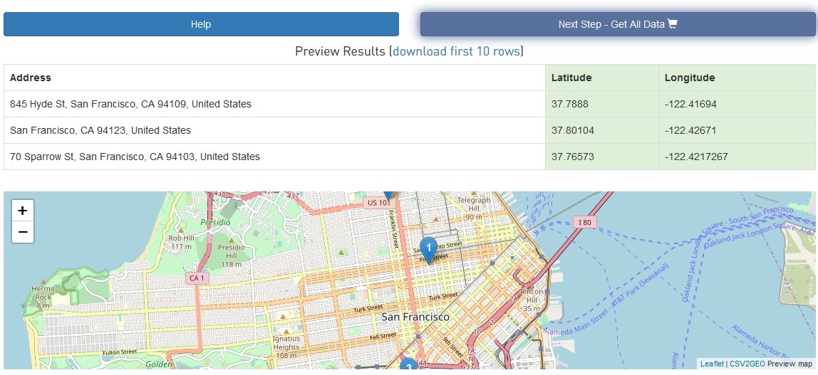preview top 10 batch geocoding results